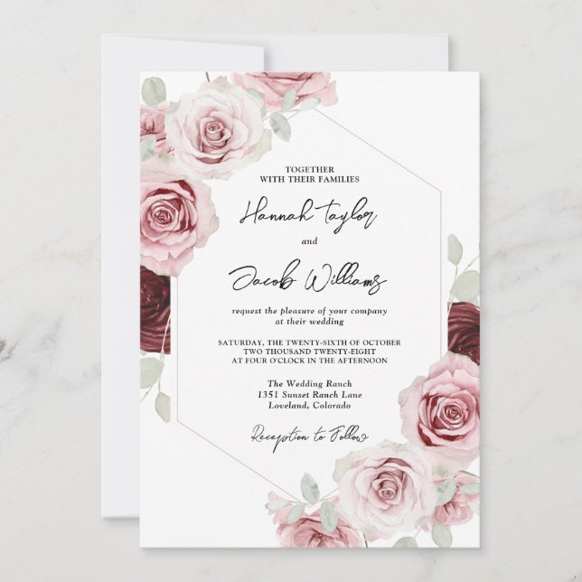 Burgund Red Blush Pink Floral QR Code Hochzeit Einladung (Vorderseite)
