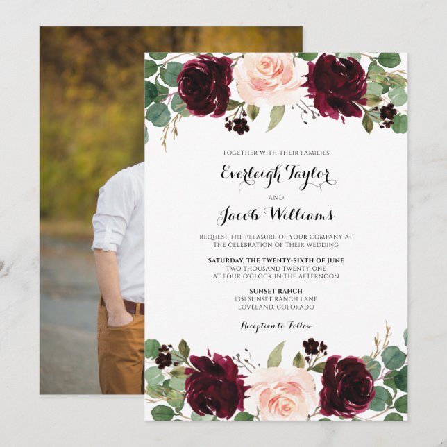 Burgund Red Blush Pink Foto Hochzeit Einladung (Vorne/Hinten)