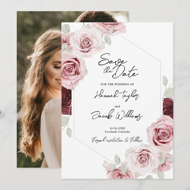 Burgund Red Blush Pink Foto Hochzeit Save The Date (Vorne/Hinten)
