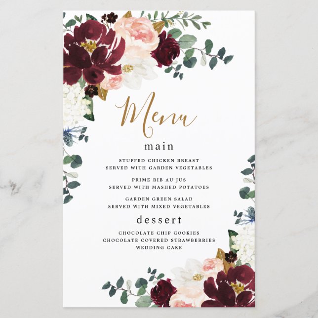 Burgund Red Blush Pink Gold Wedding Menu Cards (Vorderseite)