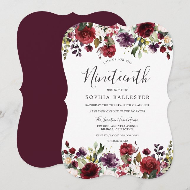 Burgund Red Botanical 19. Geburtstagsparty Einladung (Vorne/Hinten)