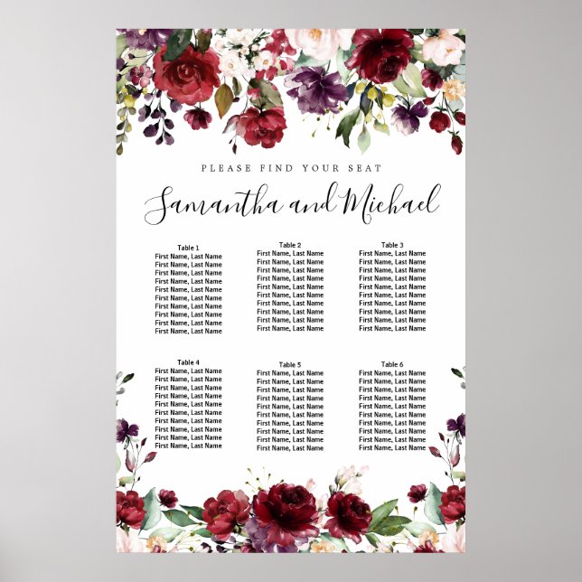 Burgund Red Floral 6-Tisch Hochzeitstabelle Poster (Vorne)