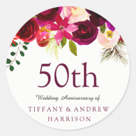 Burgund Red Floral Boho 50. Hochzeitstag Runder Aufkleber