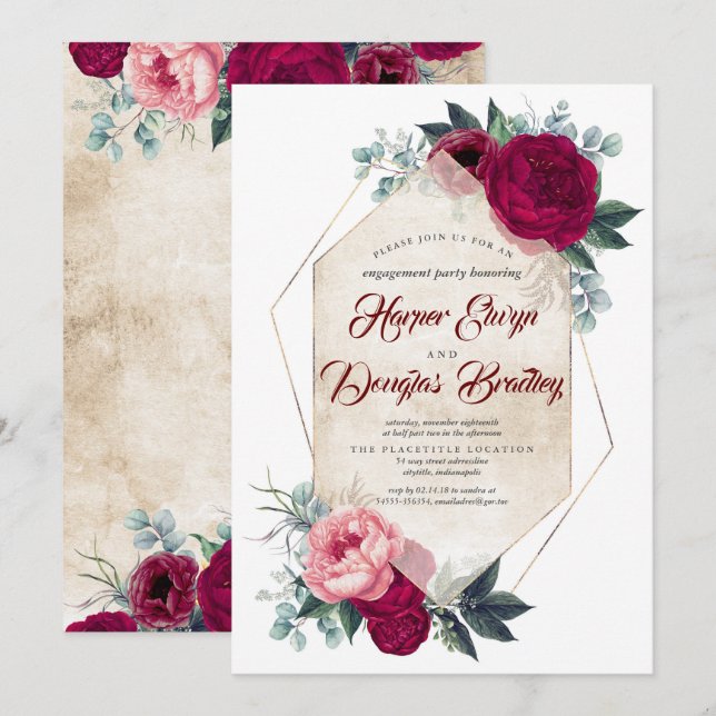 Burgund Red Floral Fall Engagement Party Einladung (Vorne/Hinten)