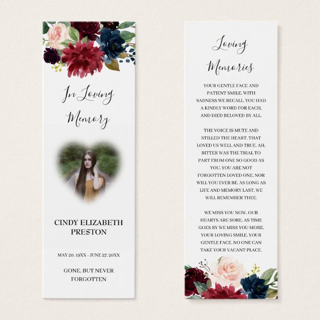 Burgund Red Floral Foto Beerdigung Gedicht Lesezei (Vorne & Hinten)