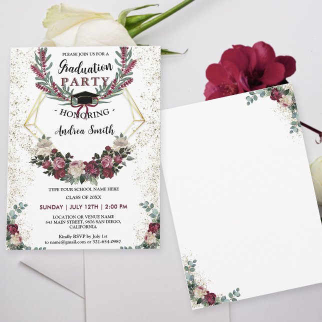 Burgund Red Floral Gold Glitzer Graduation Party Einladung (Von Creator hochgeladen)