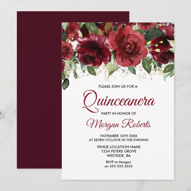 Burgund Red Floral Gold Glitzer Quinceanera Teil Einladung (Vorne/Hinten)