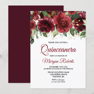 Burgund Red Floral Gold Glitzer Quinceanera Teil Einladung