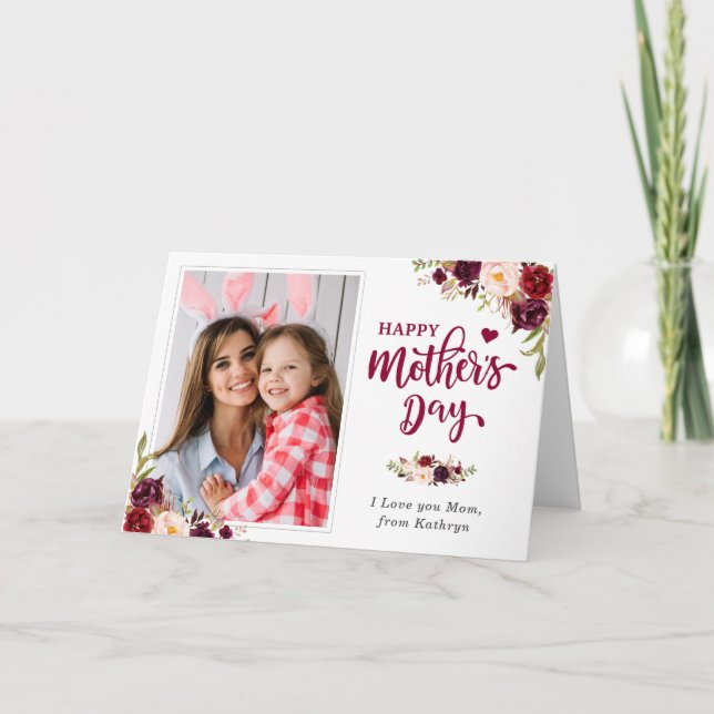 Burgund Red Floral Happy Mother Day Foto Karte (Vorderseite)