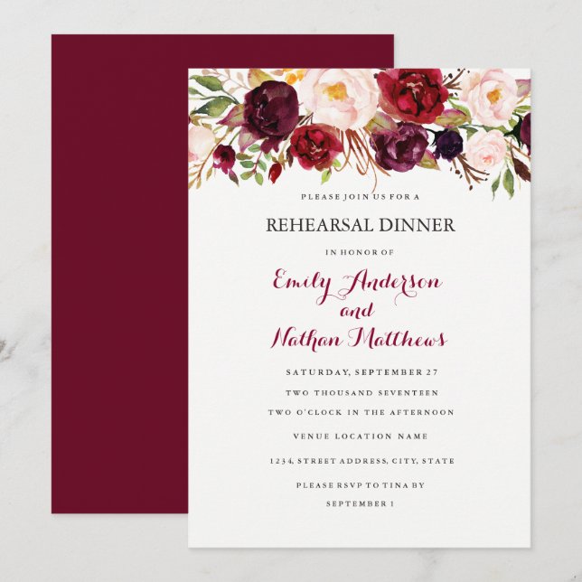 Burgund Red Floral Herbst Probe Dinner Card Einladung (Vorne/Hinten)