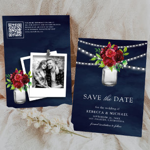 Burgund Red Floral Navy QR Code Hochzeitsstift Fot Save The Date