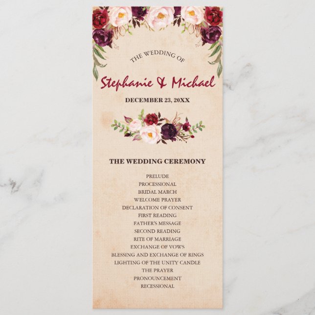 Burgund Red Floral Rustic Wedding Programm (Vorderseite)
