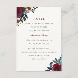 Burgund Red Floral Wedding Hotel Unterkunft Begleitkarte
