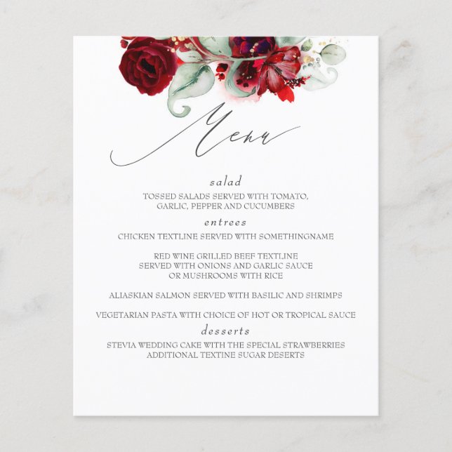 Burgund Red Floral Wedding Menu Flyer (Vorne)