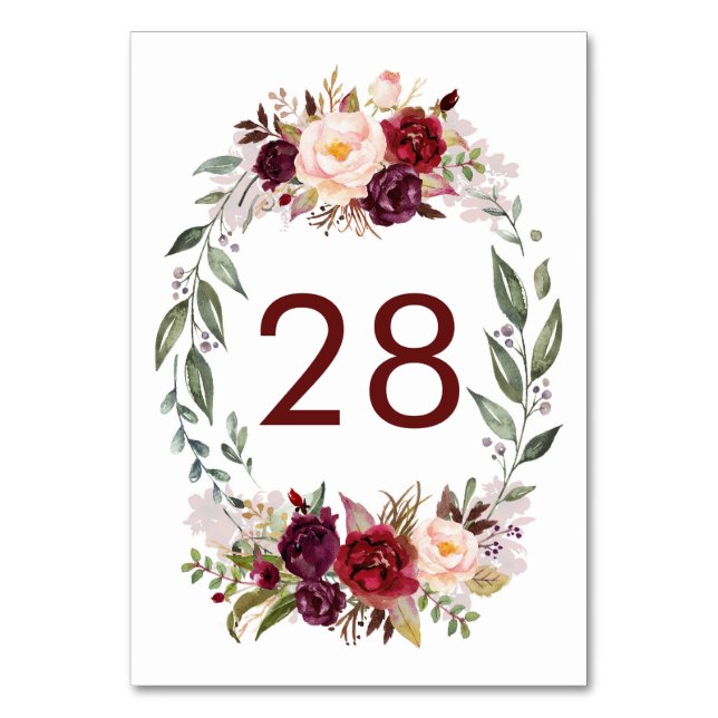Burgund Red Floral Wedding Tischnummer Cards (Vorderseite)