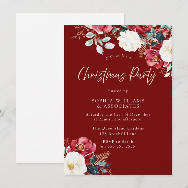 Burgund Red Floral Work oder Family Christmas Part Einladung (Vorne/Hinten)