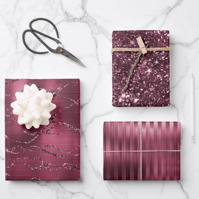 Burgund Red Glitzy Glitzer Streifen Geschenkpapier Set (Vorderseite)