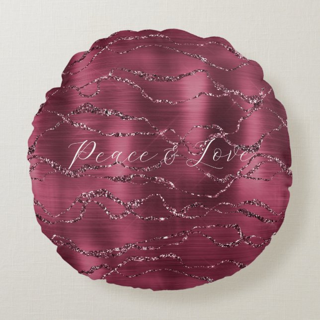 Burgund Red Glitzy Glitzer Streifen Rundes Kissen (Vorderseite)
