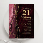Burgund Red Gold Agate 21. Geburtstag Einladung<br><div class="desc">Burgund und Gold feiern die Party Einladung zum 21. Geburtstag. Elegantes modernes Design mit dunkelroten Marsala Aquarell-Hintergrund Marmorgeode,  Imitate Glitzer Gold und Typografie Skript-Schriftart. Die trendige Einladungskarte eignet sich perfekt für eine stilvolle Damenfeier. Gedruckte Zazzle Einladungen oder Sofortdownload digitalen druckbaren Vorlage.</div>