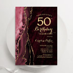 Burgund Red Gold Agate 50. Geburtstag Einladung<br><div class="desc">Burgund und Gold feiern 50. Geburtstag Einladung. Elegantes modernes Design mit Marsala Wein dunkelrot Aquarell marmorgeode Hintergrund,  Imitate Glitzer Gold und Typografie Drehbuch Schriftart. Die trendige Einladungskarte eignet sich perfekt für eine stilvolle Damenfeier. Gedruckte Zazzle Einladungen oder Sofortdownload digitalen druckbaren Vorlage.</div>