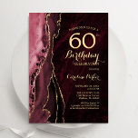 Burgund Red Gold Agate 60. Geburtstag Einladung<br><div class="desc">Burgund und Gold feiern 60. Geburtstag Einladung. Elegantes modernes Design mit dunkelroten Marsala Wine Aquarell-Hintergrund Marmorgeode Hintergrund,  Imitate Glitzer Gold und Typografie Drehbuch Schriftart. Die trendige Einladungskarte eignet sich perfekt für eine stilvolle Damenfeier. Gedruckte Zazzle Einladungen oder Sofortdownload digitalen druckbaren Vorlage.</div>