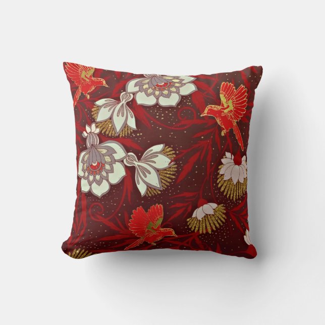 Burgund Red Gold Bird Blume Glitzer Kissen (Vorderseite)