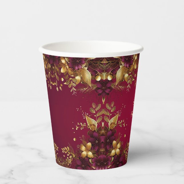 Burgund Red Gold Blume Holiday Paper Cups Pappbecher (Vorderseite)