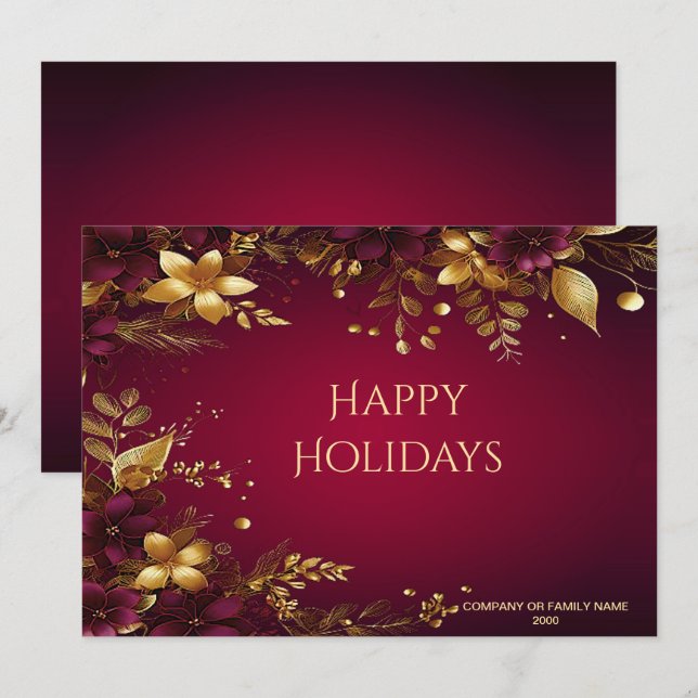 Burgund Red Gold Blume Weihnachtskarte Feiertagskarte (Vorne/Hinten)