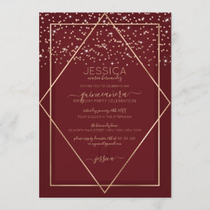 Burgund Red Gold Confetti Border Quinceañera Einladung
