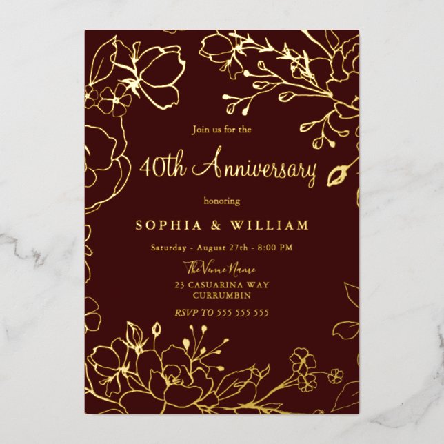 Burgund Red Gold Floral 40. Hochzeitstag Folieneinladung (Vorderseite)