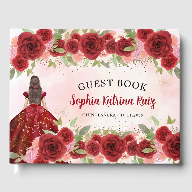 Burgund Red Gold Floral Prinzessin Quinceañera Gästebuch (Vorderseite)