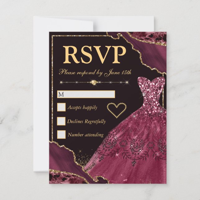 Burgund Red & Gold Glitzer Agate & Dress Sweet 16 RSVP Karte (Vorderseite)