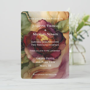 Burgund Red Gold Rose Floral Wedding II Einladung