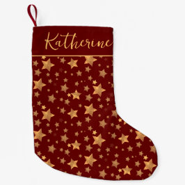 Burgund Red Gold Script Star Muster Vintag Kleiner Weihnachtsstrumpf