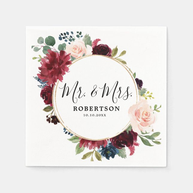 Burgund Red Navy Blush Floral Rustikales Boho Papi Serviette (Vorderseite)