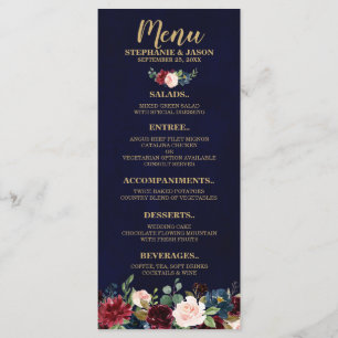 Burgund Red Navy Floral Boho Hochzeitsmenü Menükarte