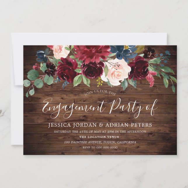 Burgund Red Rustic Country Engagement Party Einladung (Vorderseite)