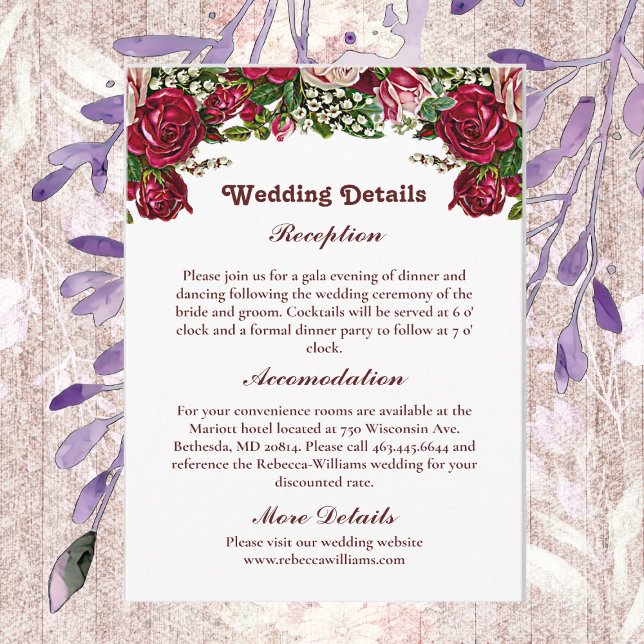 Burgund Red Rustic Rose Garland Country Wedding Begleitkarte (Burgundy Red Rustic Roses Garland Country Wedding Enclosure Card)