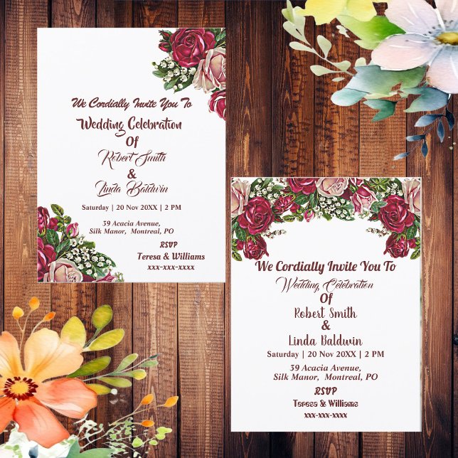 Burgund Red Rustic Rose Garland Country Wedding Einladung (Burgundy Red Rustic Roses Garland Country Wedding Invitation)