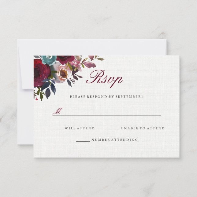 Burgund Red Watercolor Floral Wedding RSVP (Vorderseite)