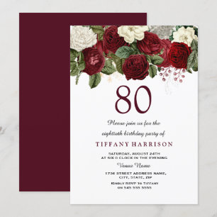 Burgund Red White Rose 80. Geburtstagsparty Einlad Einladung