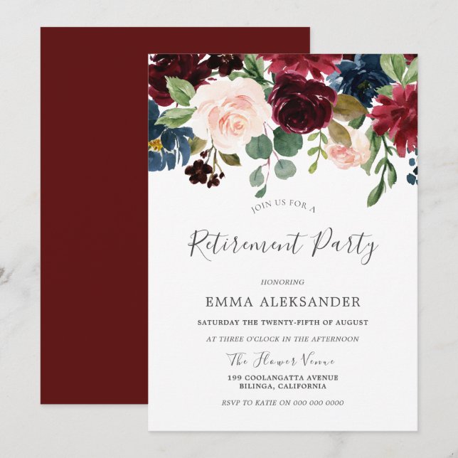Burgund Red Wine Blume Ruhestand Party Einladung (Vorne/Hinten)