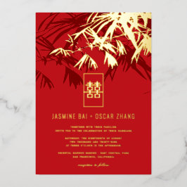 Burgund & Red Zen Bamboo Blätter Chinesische Hochz Folieneinladung