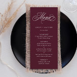 Burgund-Romantische Wirble Kalligrafie-Hochzeit Menükarte<br><div class="desc">Dieses bordeauxrote und weiße Hochzeitsmenü mit eleganten und romantischen Wirblen Kalligraphieschriften mit Ihren Namen. Für eine weiter gehende Anpassung dieses Designs klicken Sie bitte auf den BUTTON BLAU DESIGN TOOL oben!</div>