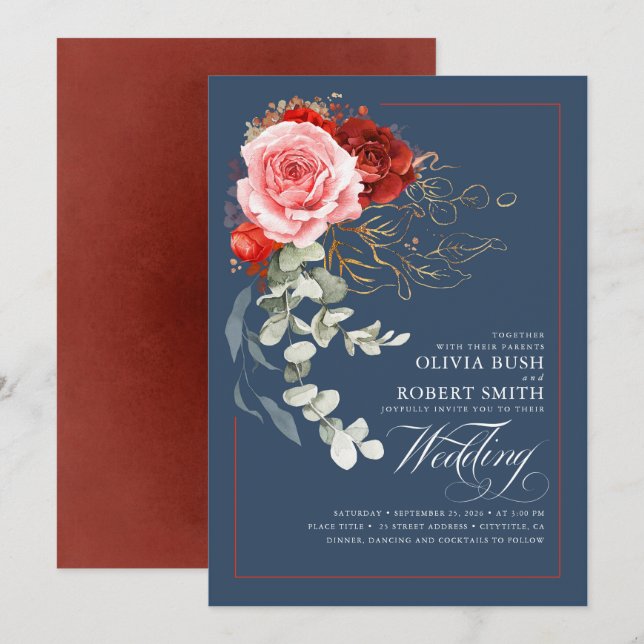 Burgund Rosa Blume Boho Navy Blue Wedding Einladung (Vorne/Hinten)