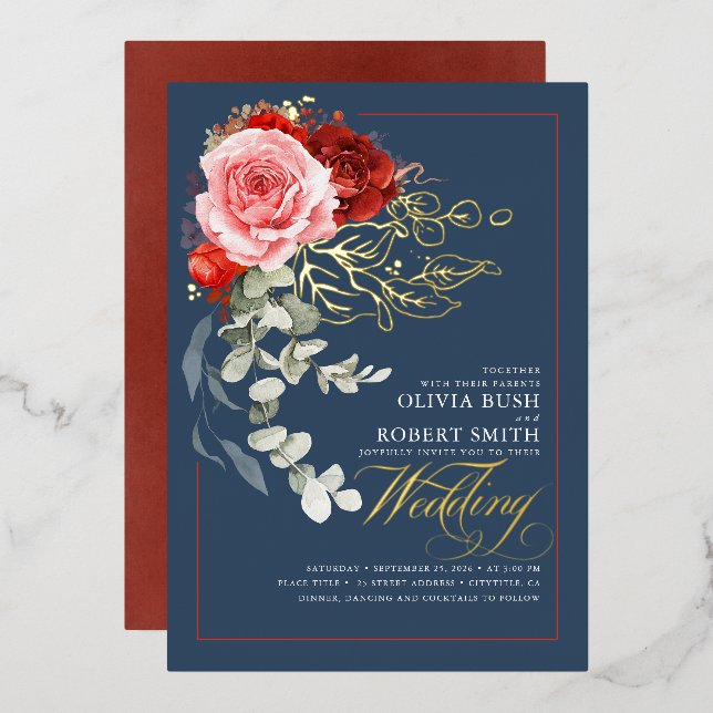 Burgund Rosa Blume Boho Navy Blue Wedding Folieneinladung (Vorderseite/Rückseite)