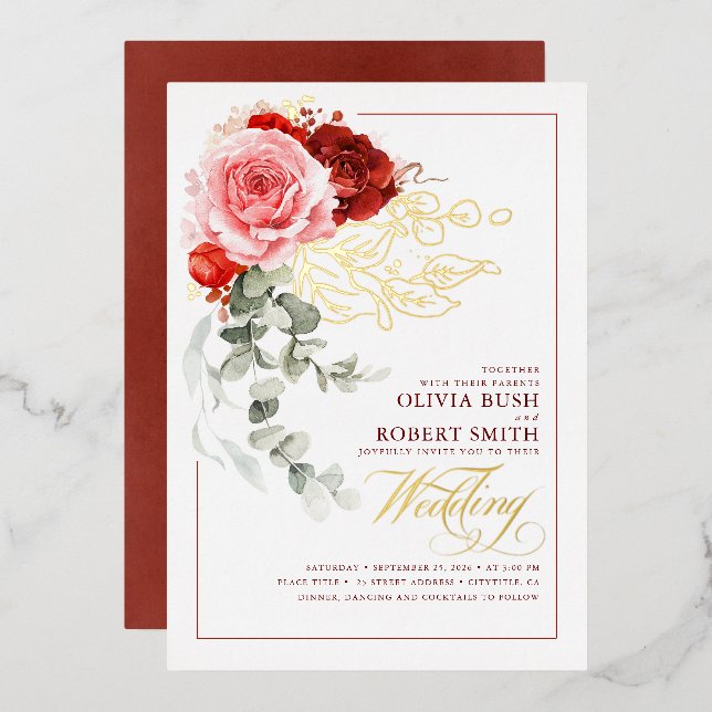 Burgund Rosa Blume Eukalyptus Boho Wedding Folieneinladung (Vorderseite/Rückseite)
