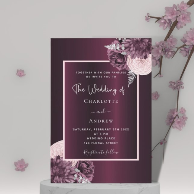 Burgund Rosa Blütenhochzeit Einladung (Von Creator hochgeladen)