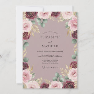 Burgund-Rosa-Blütenromanze-Hochzeit Einladung