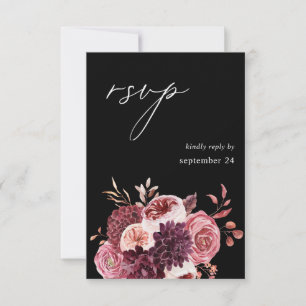 Burgund & Rosa Floral 8B mit Essens-RSVP - Schwarz RSVP Karte